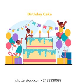 Birthday cake concept. Ecstatic little children celebrating around towering birthday cake, candles lit with wishes waiting. Backdrop of balloons, presents and joy. Flat vector illustration