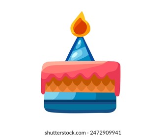 Birthday cake in cone shape with burning candle vector illustration isolated on white background