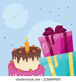 birthday cake and confetti with gifts