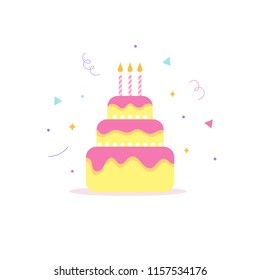 Birthday cake with confetti. Simple flat style. Isolated.Vector.