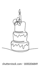 Torta de cumpleaños con estilo de dibujo de línea continua. Gran torta de vacaciones de tres capas con velas en la parte superior y decoración floral. Esbozo lineal negro aislado sobre fondo blanco. Ilustración del vector