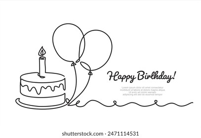 Birthday cake in continuous line art drawing style. Traditional birthday cake with candle on the top minimalist black linear sketch isolated on white background. Vector illustration