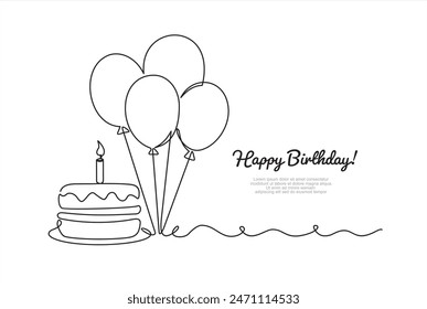 Birthday cake in continuous line art drawing style. Traditional birthday cake with candle on the top minimalist black linear sketch isolated on white background. Vector illustration