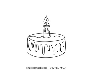 Birthday cake in continuous line art drawing style. Traditional birthday cake with candle on the top minimalist black linear sketch isolated on white background. Vector illustration