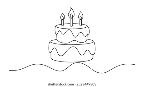 Birthday cake continuous line art isolated on white background.