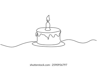 Birthday cake in continuous line art drawing style. Large three-layer holiday cake with candle on the top, continuous line art drawing style. Traditional birthday cake with candle.