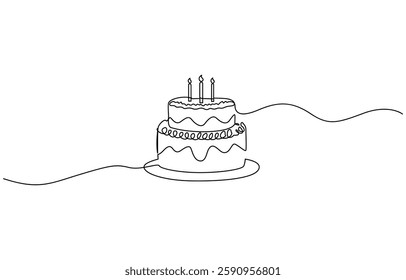 Birthday cake in continuous line art drawing style. Large three-layer holiday cake with candle on the top, continuous line art drawing style. Traditional birthday cake with candle.