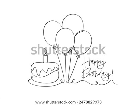 Birthday cake in continuous line art drawing style. Traditional birthday cake with candle on the top minimalist black linear sketch isolated on white background. Vector illustration