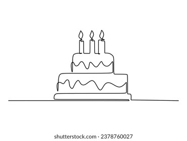 Birthday cake continuous line drawing. One line art celebration object with candle. Concept for holiday decoration. Vector illustration isolated on white background. Minimalist design handdrawn.