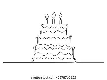 Birthday cake continuous one line drawing. Celebration object with candle. Concept for holiday decoration. Vector illustration isolated on white background. Minimalist design handdrawn.