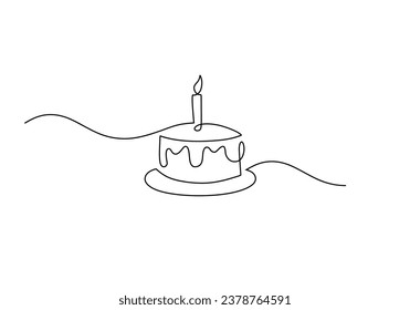 Birthday cake continuous one line drawing with candle. Celebration banner anniversary. Vector illustration isolated on white background. Minimalist design handdrawn.