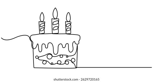 Birthday cake continuous one line drawing with candle. Celebration banner anniversary. Vector illustration isolated on white background. Minimalist design.