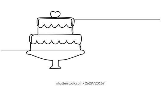 Birthday cake continuous one line drawing with candle. Celebration banner anniversary. Vector illustration isolated on white background. Minimalist design.