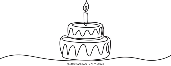 Pastel de cumpleaños continuo una línea de dibujo con vela. Celebración del aniversario del Anuncio. Ilustración vectorial aislada en el fondo blanco. una línea Dibujo del icono del arte
