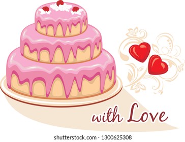 Birthday cake covered with pink fondant icing. Vector