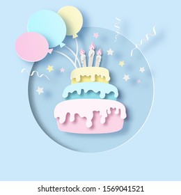 Birthday Cake With Cream, Burning Candles And Balloons. Greeting Card In Paper Cut Out Style. Carving Art. Vector Illustration, Pastel Colours 