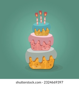 Birthday cake with cream, burning candles.Flat cartoon illustration of a cute beautiful cake in pastel colors