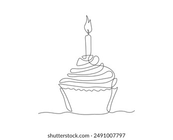 birthday cake, cupcake cake with candle. continuous single line art hand drawing sketch