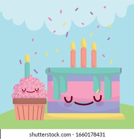 pastel de cumpleaños y quequitos con velas personajes caricatura comida linda ilustración vectorial