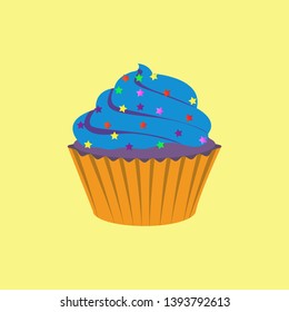 Birthday cake cupcake. Sweet tasty cupcake for birthday party. Delicious dessert with cream. Muffin snack. Vector illustration - EPS 10