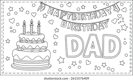 birthday cake for dad colouring page a4 size. You can print it on standard