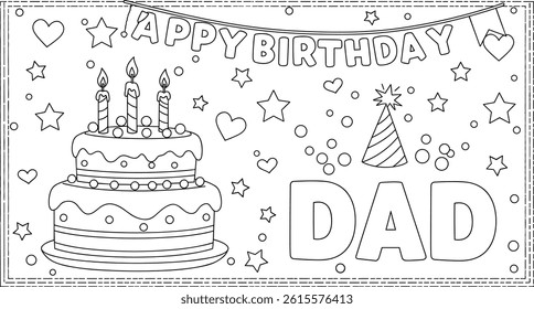 birthday cake for dad colouring page a4 size. You can print it on standard