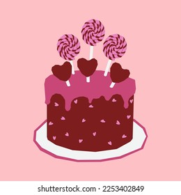 Birthday cake with decor of lollipops and hearts. Valentines Day dessert or wedding.