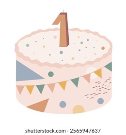 Birthday cake decorated with abstract circles, spots, and flags. Number one lighting candle. Baby, kids or adults sweet cake. Isolated vector illustration