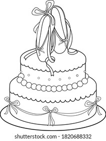 Birthday cake decorated with ballet shoes, pearls and ribbons. Vector black and white coloring page.