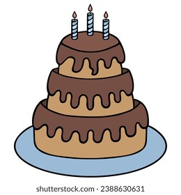 Birthday cake decorated with blue candles. Three tiered dessert on a blue platter. Festive delicacy is covered with flowing chocolate glaze. Color vector illustration. Cartoon style. 