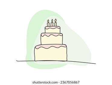 Birthday cake decorated with candles one line drawing colored with pastel colors, vector illustration.