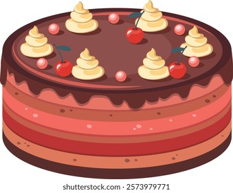 A birthday cake decorated with cream and cherry berries. Chocolate sponge cake in layers. Vector flat illustration.