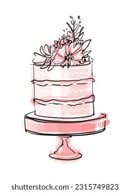 Birthday cake decorated with cream and flowers on a stand, pink wedding dessert, modern pastry shop. Hand drawn vector, vintage sketch.