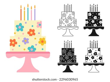 Birthday cake decorated flower, celebration dessert cartoon symbol, stamp, line doodle design set. Party delicious cupcake sweet bakery collection. Holiday cake decoration tasty pastries sign vector