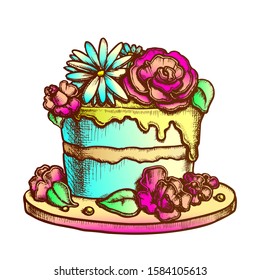 Birthday Cake Decorated With Flowers Ink Vector. Birthday Festive Pie Decorate Cream Bouquet For Woman Anniversary Engraving Template Hand Drawn In Vintage Style Color Illustration