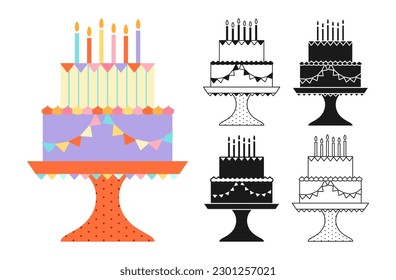 Birthday cake decorated garland. Cartoon celebration dessert symbol stamp, line doodle set. Party delicious cupcake sweet yummy bakery collection. Holiday anniversary cake, decoration pastries design