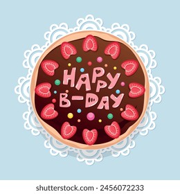 Birthday cake decorated with strawberries top view. Happy Birthday cake with chocolate glaze decorated with letters. Cartoon chocolate cake on a plate. Vector illustration