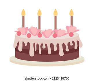 Birthday cake with decorations semi flat color vector object. Full sized item on white. Party fare. Delicious dessert simple cartoon style illustration for web graphic design and animation