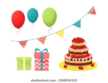 Birthday cake and decorations vector illustrations set. Collection of cartoon drawings of tasty cake, gift boxes, colorful balloons, party flags for birthday card. Birthday, celebration concept