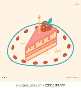 Birthday cake. A delicate piece of pink cake. Strawberry cake. Make a wish. A cake with a candle on a plate. Vector illustration