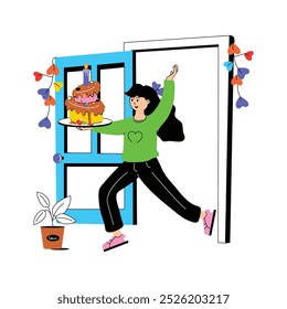 Birthday cake delivery character vector illustration in modern style