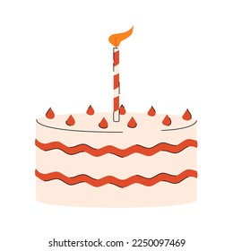 birthday, cake, dessert, one candle, flat style isolated on the white background