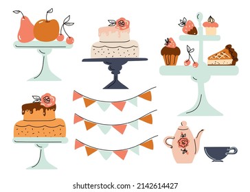 Birthday Cake and dessert in cake stands, cartoon doodle hand drawn style vector art. svg