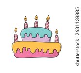 Birthday cake doodle, cartoon element, clipart for stickers, prints, cards, posters, banners, kids apparel, etc. EPS 10
