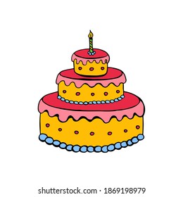 Birthday cake. Doodle image of a birthday cake. Flat confectionery image.