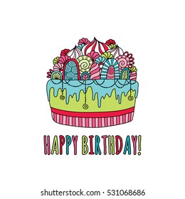Birthday cake doodle vector illustration with the words happy birthday underneath a cake with icing, swirls, cream and decorations on white background.