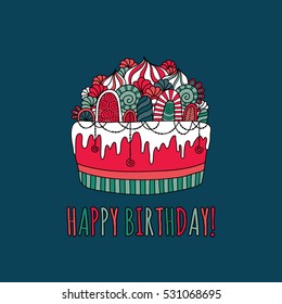Birthday cake doodle vector illustration with the words happy birthday underneath a cake with icing, swirls, cream and decorations on dark blue background.
