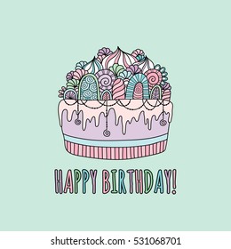 Birthday cake doodle vector illustration with the words happy birthday underneath a cake with icing, swirls, cream and decorations on green background.