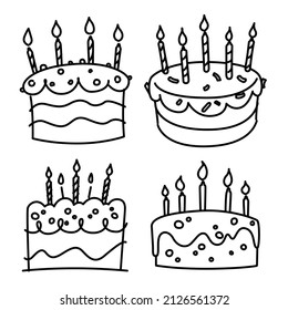 Birthday cake drawing with black strokes on white background.