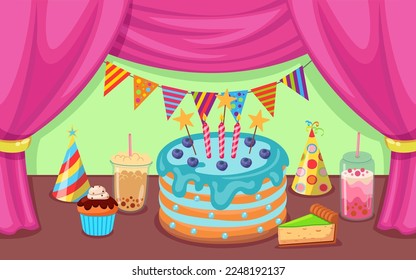 Birthday cake with drinks and party hats vector illustration. Cartoon drawing of big pie with candles, cupcake, piece of cake, glasses with beverages, pink curtains. Birthday, decoration, food concept